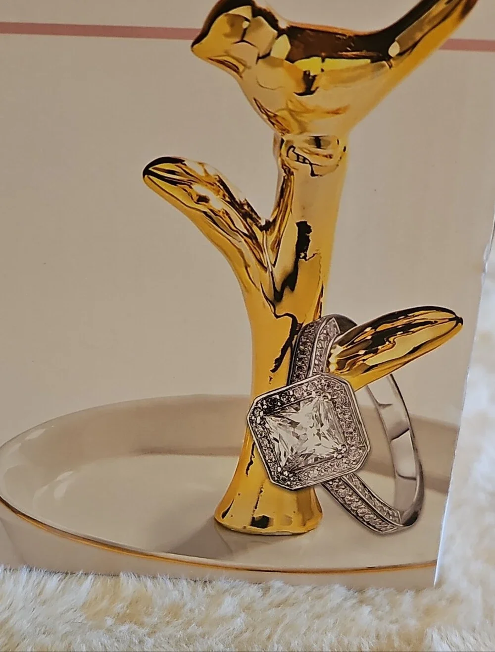 Gold & White Bird Ring Holder - Fine Porcelain